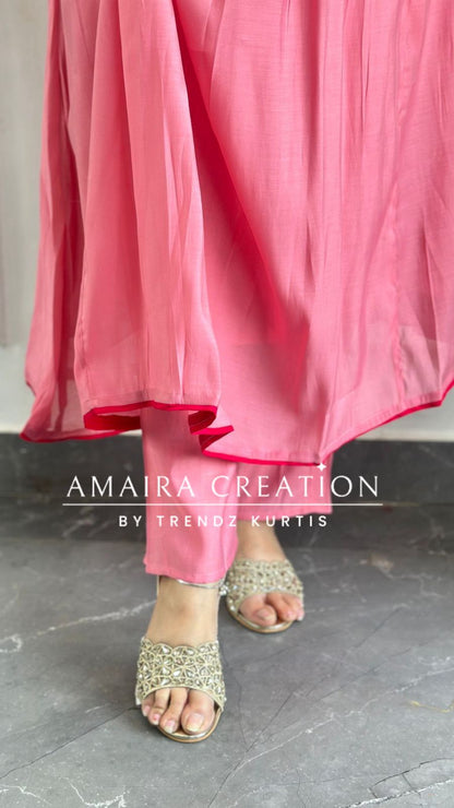 Premium Chanderi Cotton Pink Color A line Set