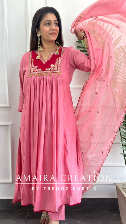 Premium Chanderi Cotton Pink Color A line Set