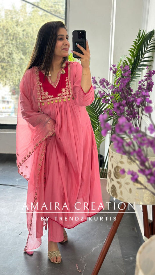 Premium Chanderi Cotton Pink Color A line Set