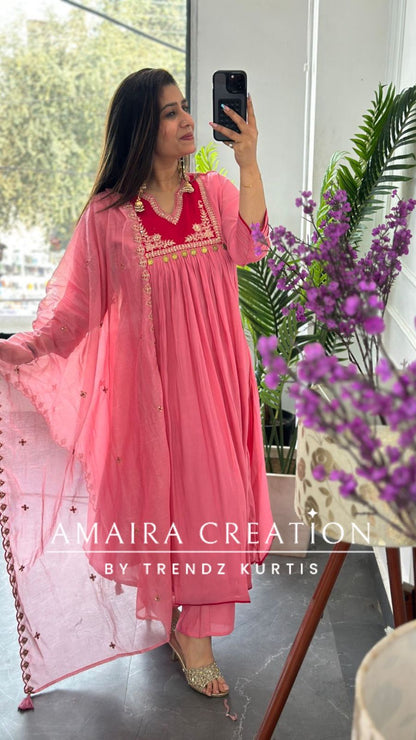 Premium Chanderi Cotton Pink Color A line Set