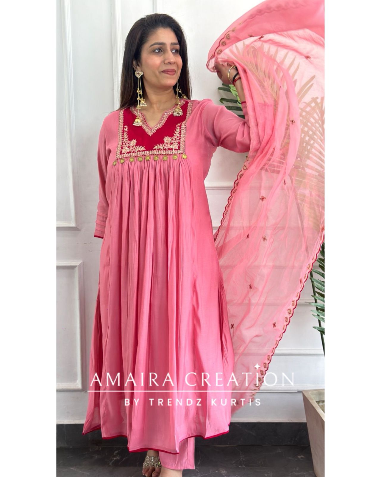 Premium Chanderi Cotton Pink Color A line Set