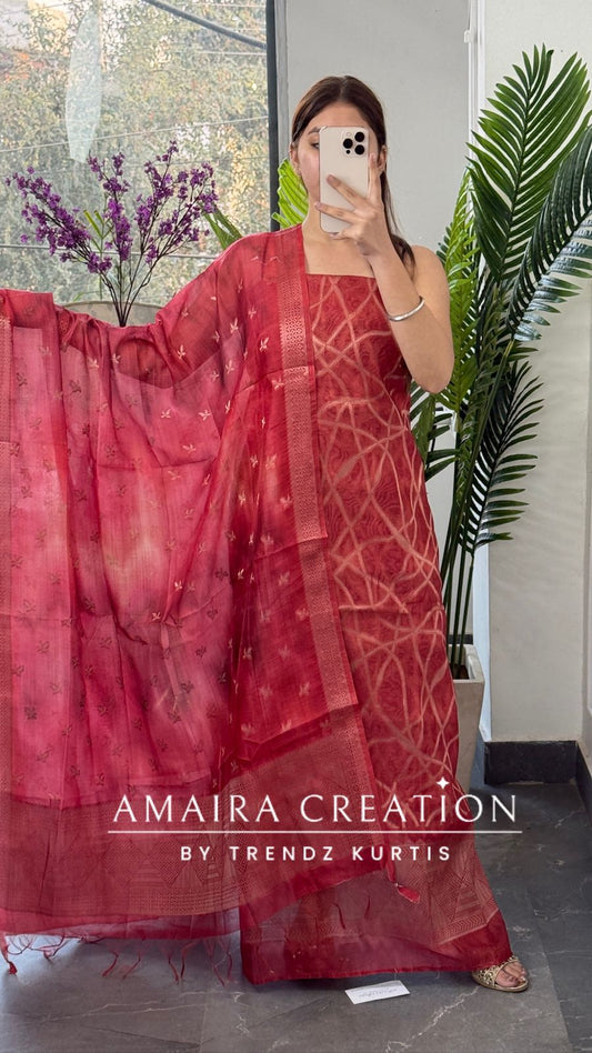 Premium Red Banarasi Silk Fabric Unstitched Suit