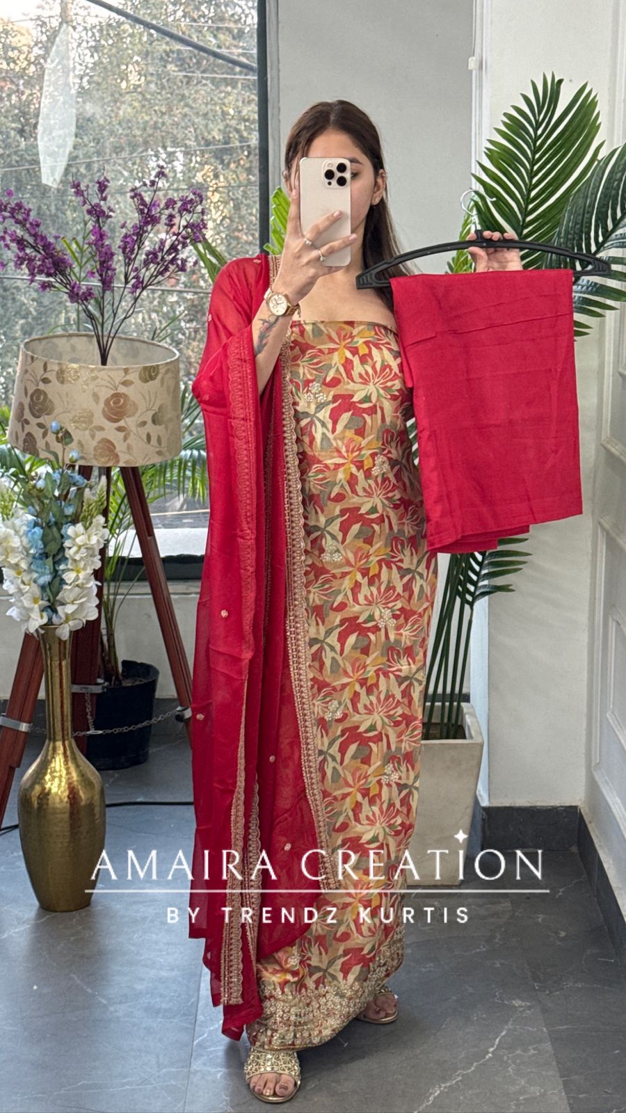 Premium Glass Tissue Carrot Color Fabric Unstitched Suit With Chiffon Dupatta