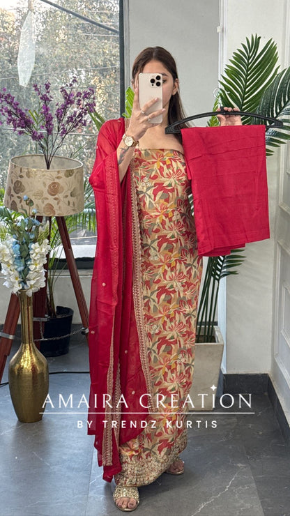 Premium Falsa Glass Tissue Fabric Unstitched Suit With Chiffon Dupatta