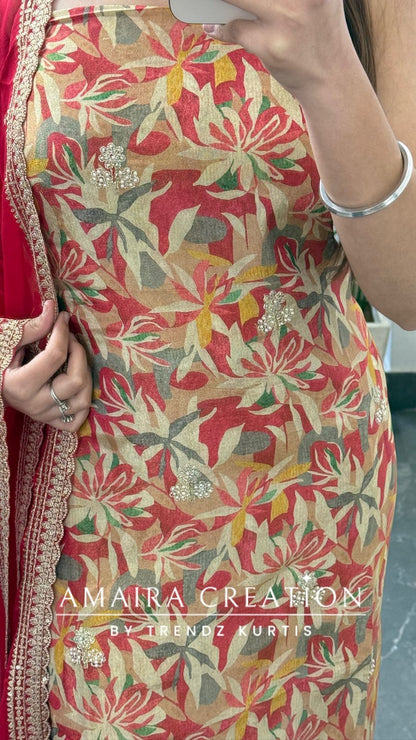 Premium Falsa Glass Tissue Fabric Unstitched Suit With Chiffon Dupatta