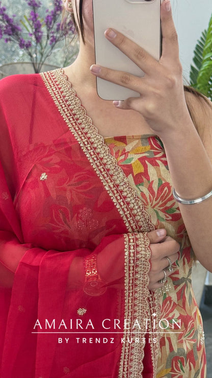 Premium Falsa Glass Tissue Fabric Unstitched Suit With Chiffon Dupatta