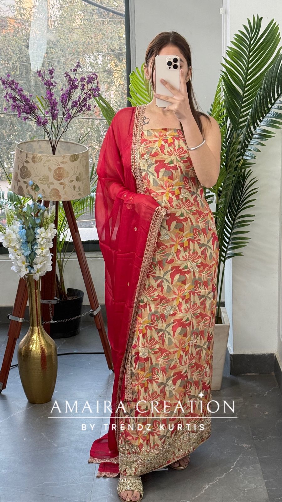 Premium Glass Tissue Carrot Color Fabric Unstitched Suit With Chiffon Dupatta