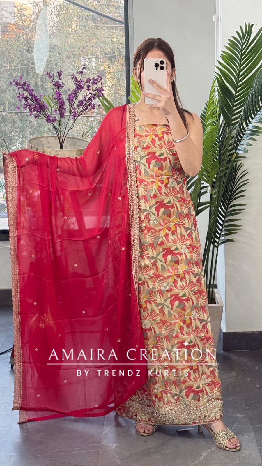 Premium Glass Tissue Carrot Color Fabric Unstitched Suit With Chiffon Dupatta