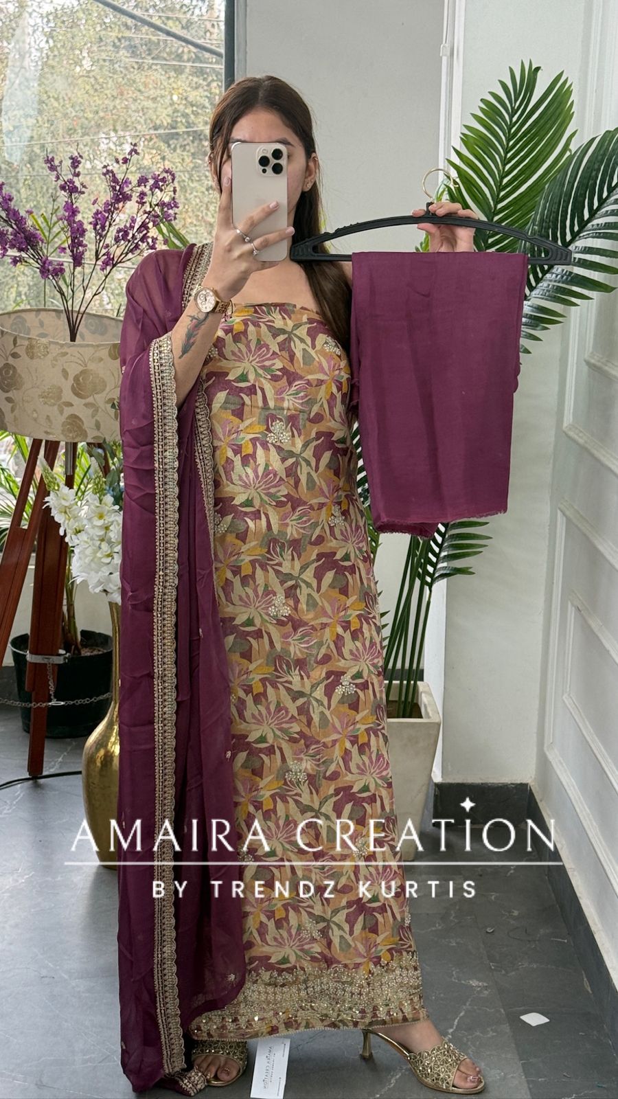 Premium Gajri Glass Tissue Fabric Unstitched Suit With Chiffon Dupatta