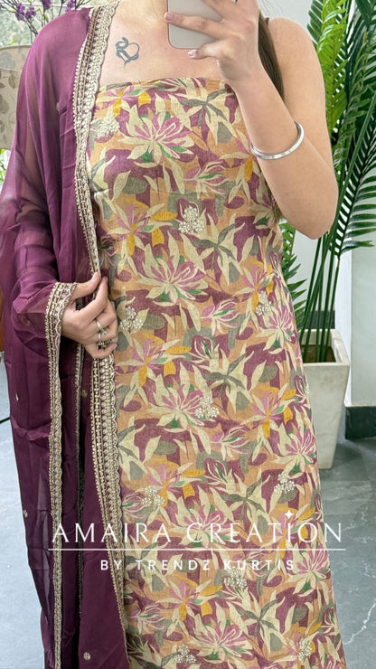 Premium Gajri Glass Tissue Fabric Unstitched Suit With Chiffon Dupatta