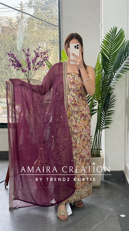 Premium Gajri Glass Tissue Fabric Unstitched Suit With Chiffon Dupatta