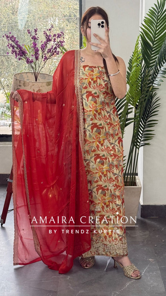 Premium Rust Glass Tissue Fabric Unstitched Suit With Chiffon Dupatta