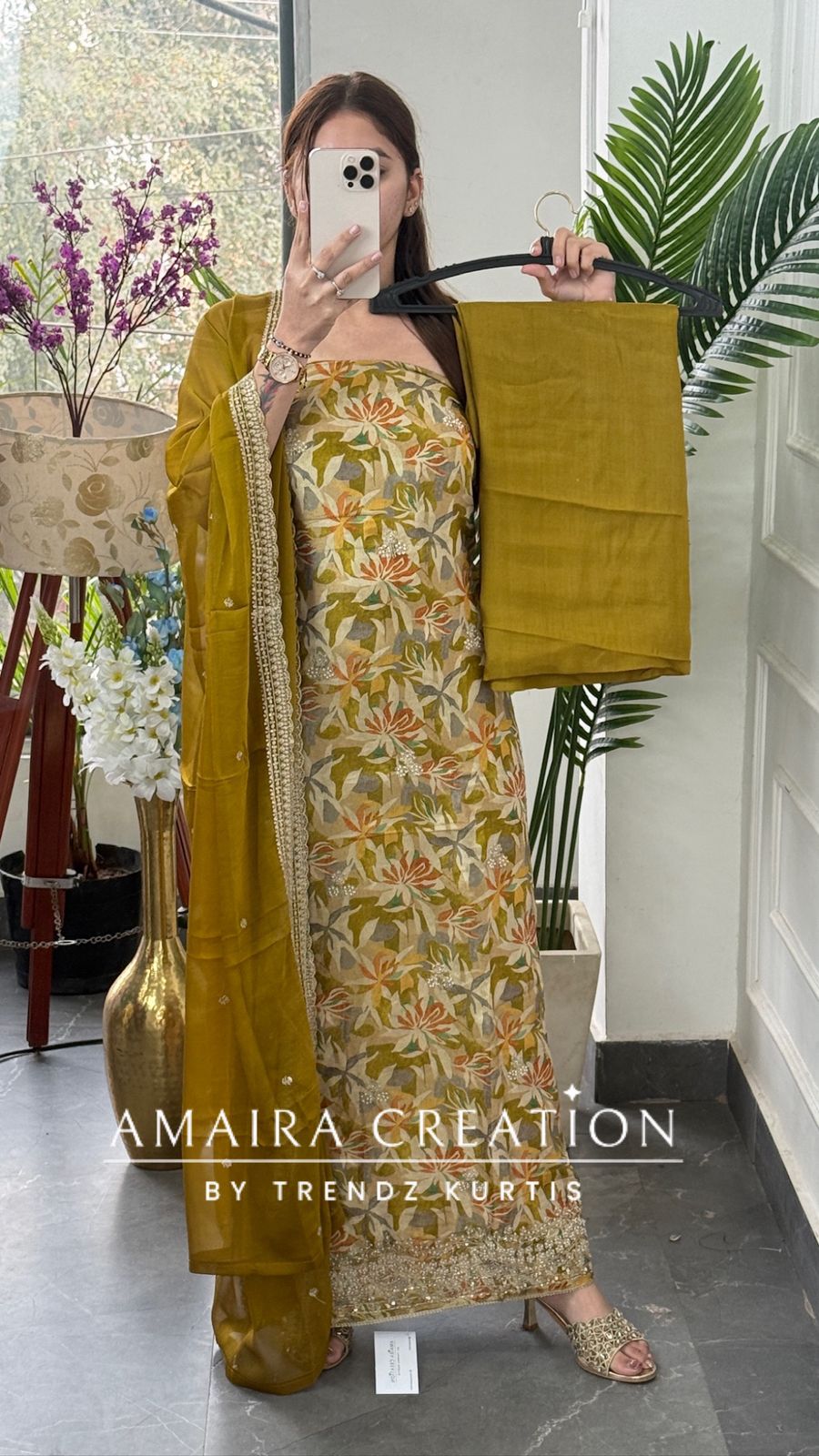 Premium Mustard Green Glass Tissue Fabric Unstitched Suit With Chiffon Dupatta