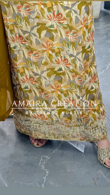 Premium Mustard Green Glass Tissue Fabric Unstitched Suit With Chiffon Dupatta