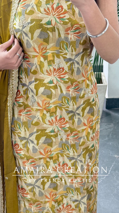 Premium Mustard Green Glass Tissue Fabric Unstitched Suit With Chiffon Dupatta