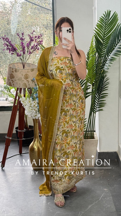 Premium Mustard Green Glass Tissue Fabric Unstitched Suit With Chiffon Dupatta