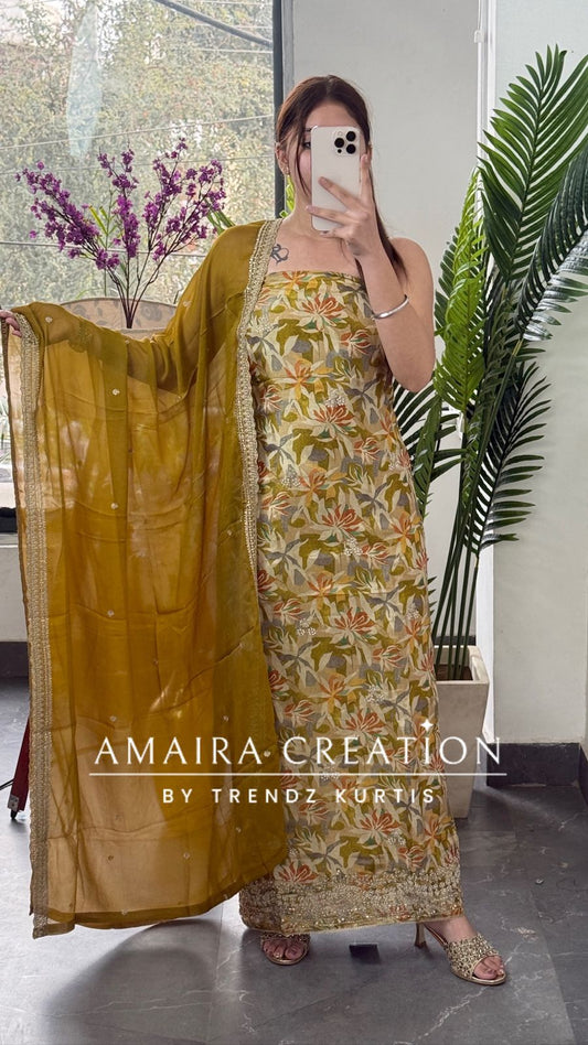 Premium Mustard Green Glass Tissue Fabric Unstitched Suit With Chiffon Dupatta