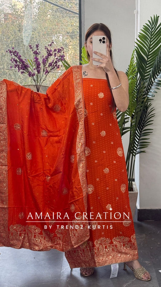 Premium Orange Banarasi Silk Bandez Print Unstitched Suit With Beautiful Banarasi Dupatta