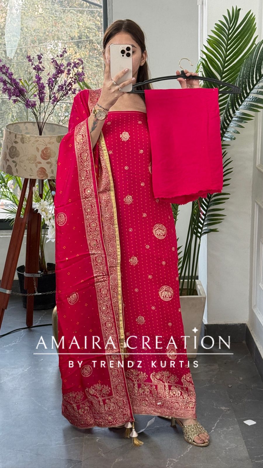 Premium Magenta Banarasi Silk Bandez Print Unstitched Suit With Beautiful Banarasi Dupatta