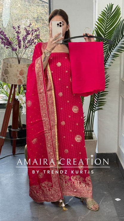 Premium Magenta Banarasi Silk Bandez Print Unstitched Suit With Beautiful Banarasi Dupatta