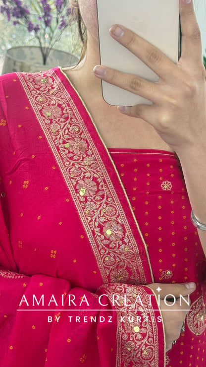Premium Magenta Banarasi Silk Bandez Print Unstitched Suit With Beautiful Banarasi Dupatta