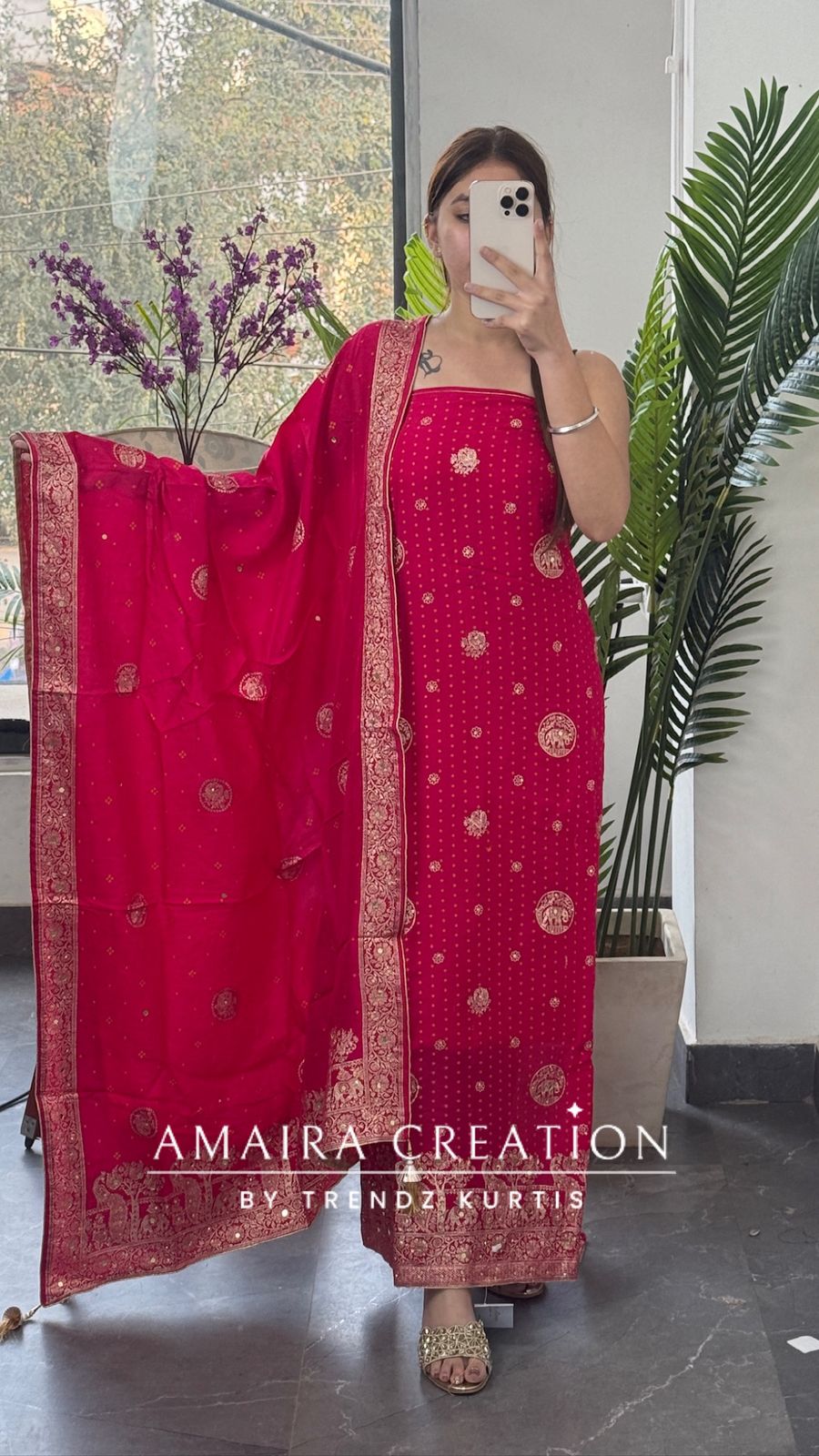 Premium Magenta Banarasi Silk Bandez Print Unstitched Suit With Beautiful Banarasi Dupatta