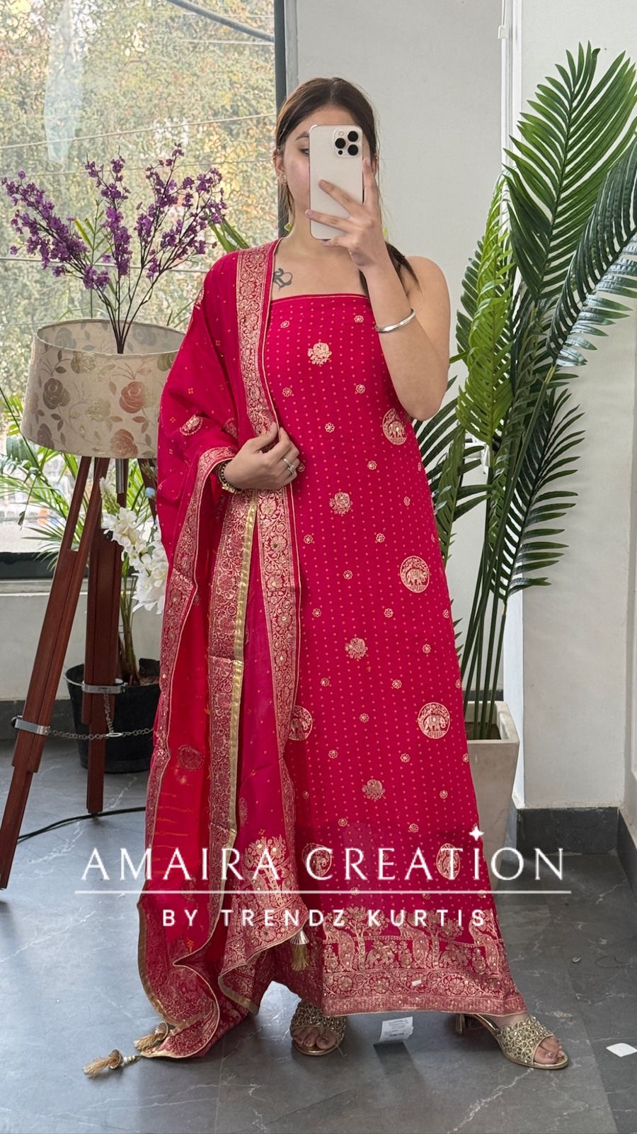 Premium Magenta Banarasi Silk Bandez Print Unstitched Suit With Beautiful Banarasi Dupatta