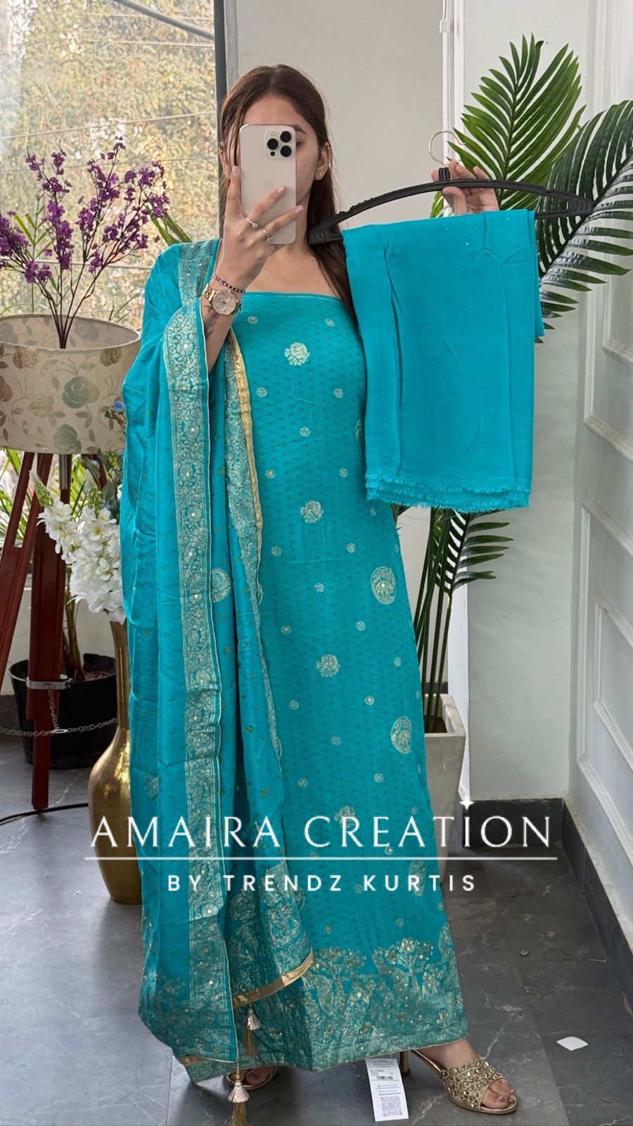 Premium Firozi Banarasi Silk Bandez Print Unstitched Suit With Beautiful Banarasi Dupatta