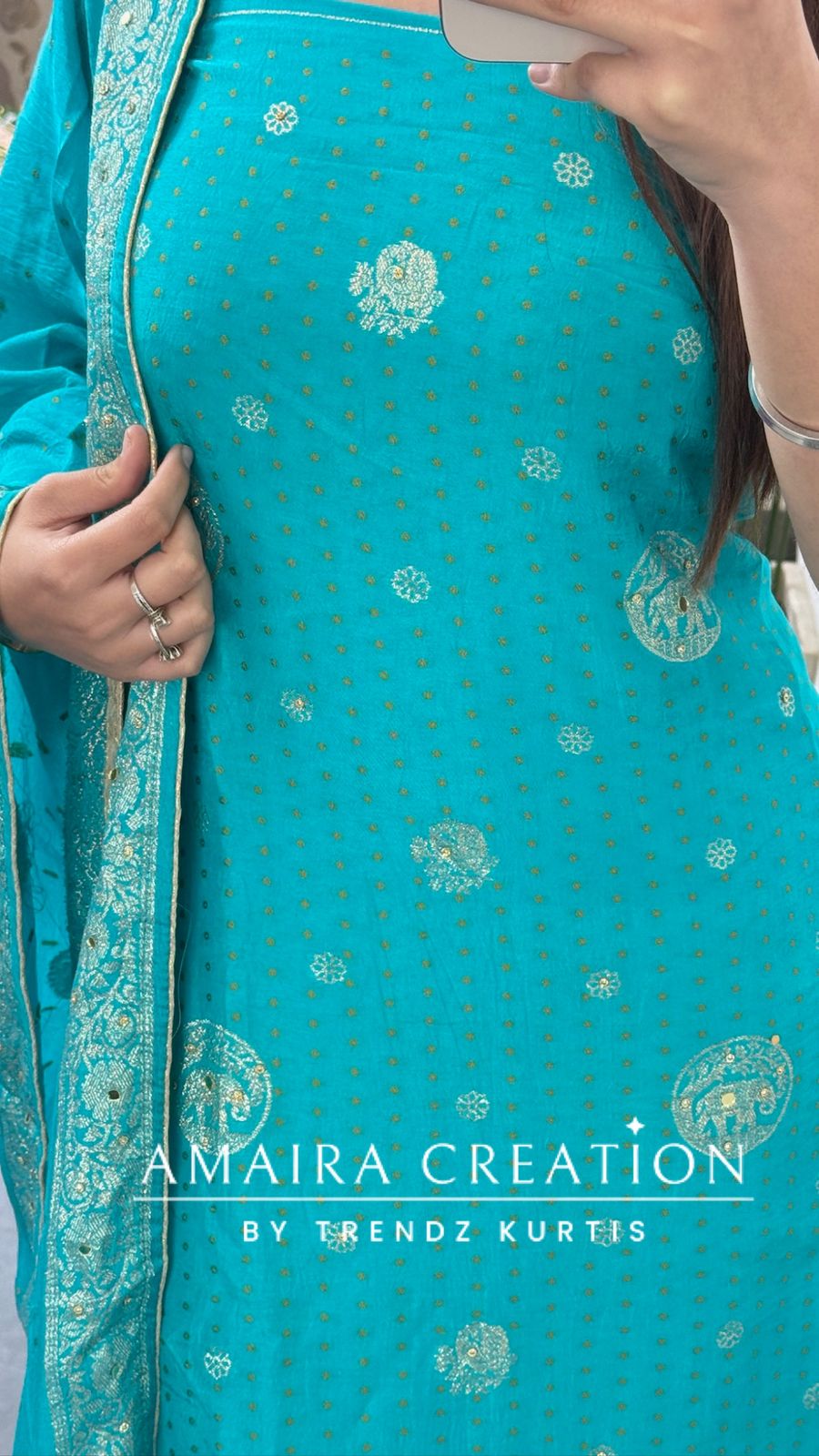 Premium Firozi Banarasi Silk Bandez Print Unstitched Suit With Beautiful Banarasi Dupatta