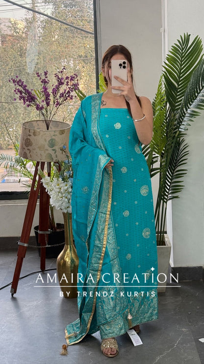 Premium Firozi Banarasi Silk Bandez Print Unstitched Suit With Beautiful Banarasi Dupatta