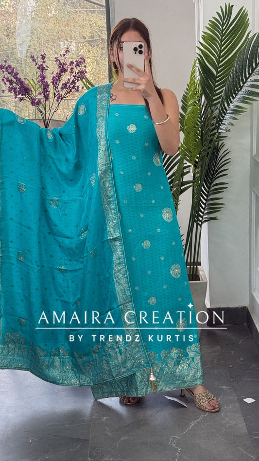 Premium Firozi Banarasi Silk Bandez Print Unstitched Suit With Beautiful Banarasi Dupatta
