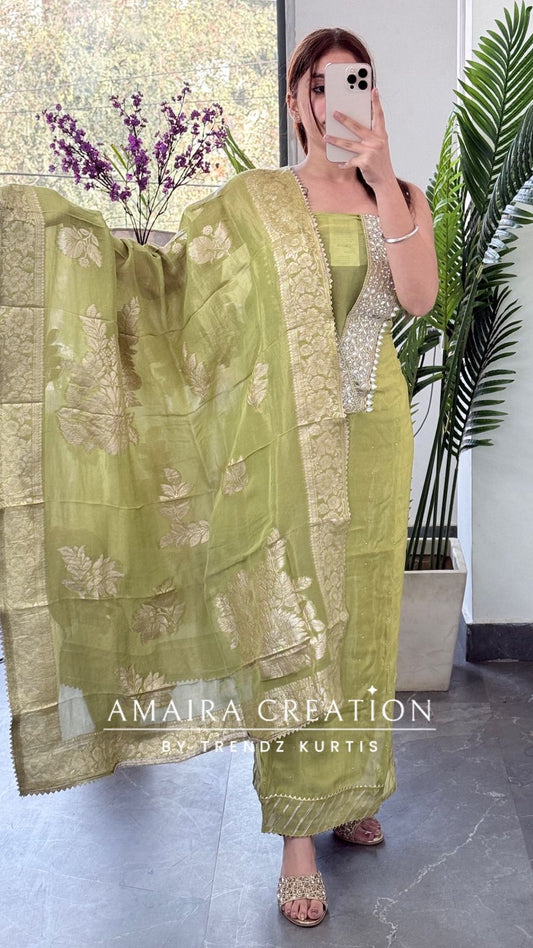 Premium  sea green Glass Tissue Unstitched Suit With Original Mirror Work Neckline Detailing With Super Banarasi Tissue Dupatta