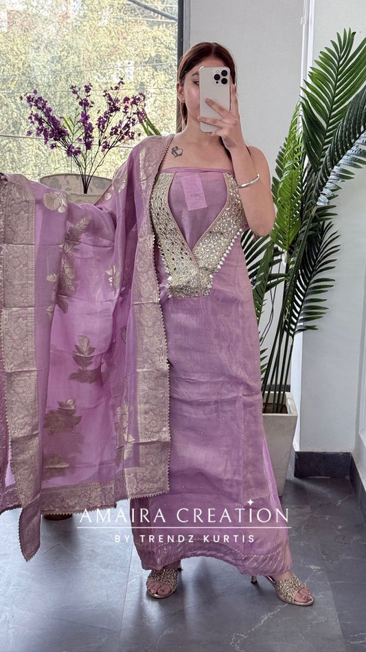Premium Mauve Glass Tissue Unstitched Suit With Original Mirror Work Neckline Detailing With Super Banarasi Tissue Dupatta