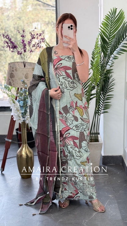 Premium Sea Green Muslin Fabric Unstitched Suit With CutWork Detailing