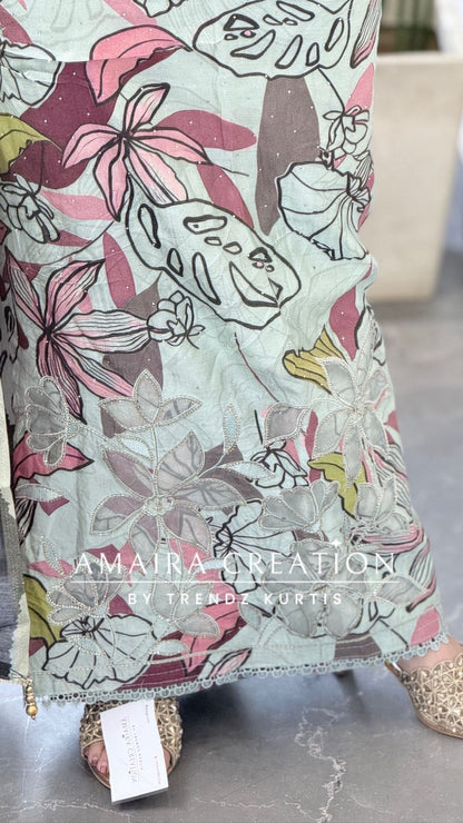 Premium Sea Green Muslin Fabric Unstitched Suit With CutWork Detailing