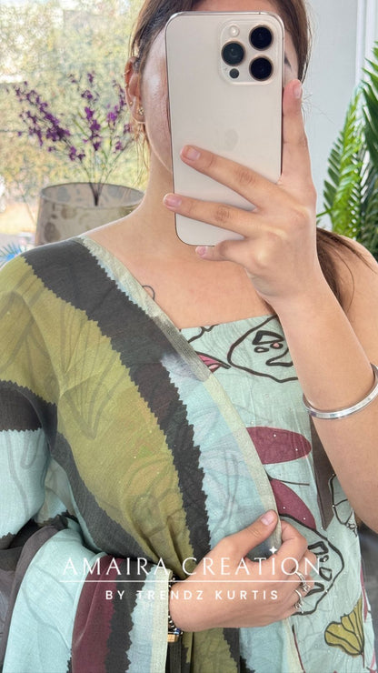 Premium Sea Green Muslin Fabric Unstitched Suit With CutWork Detailing