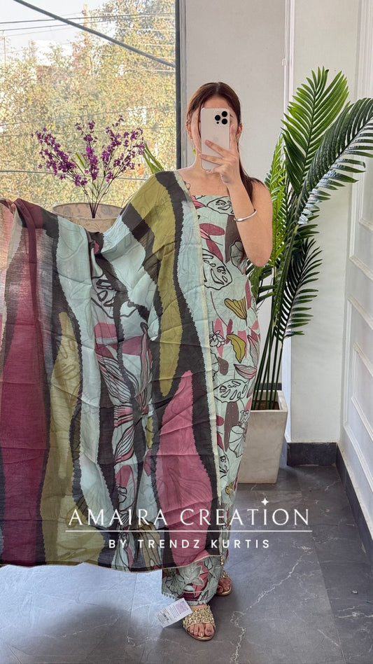 Premium Sea Green Muslin Fabric Unstitched Suit With CutWork Detailing