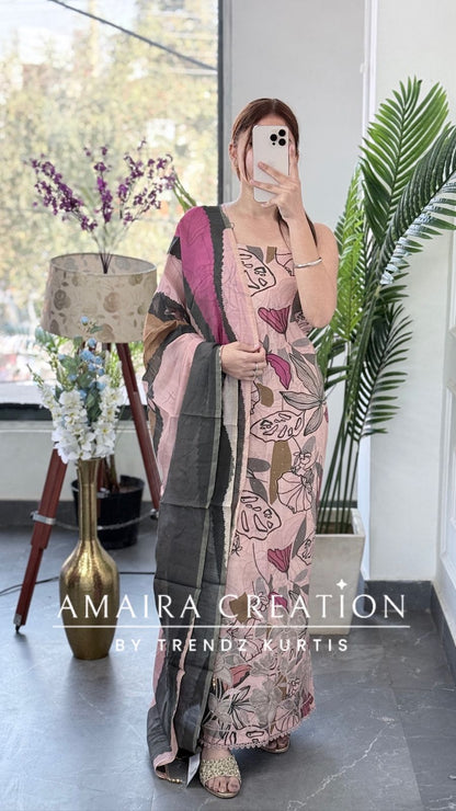 Premium Peach Muslin Fabric Unstitched Suit With CutWork Detailing