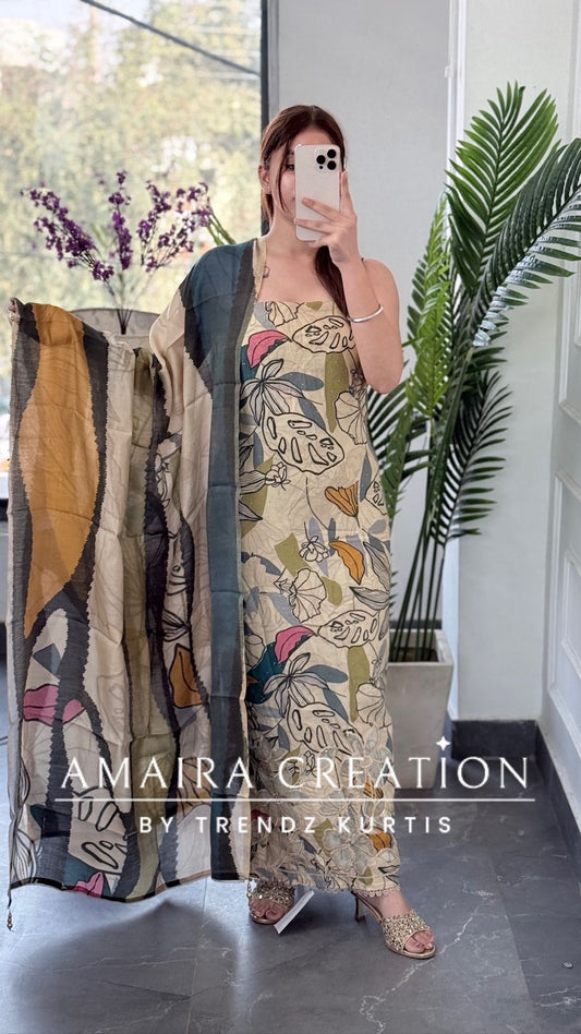 Premium Beige Muslin Fabric Unstitched Suit With CutWork Detailing