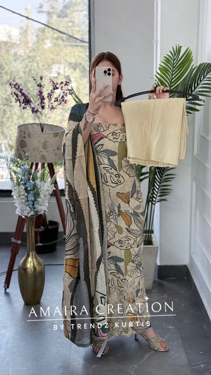 Premium Beige Muslin Fabric Unstitched Suit With CutWork Detailing