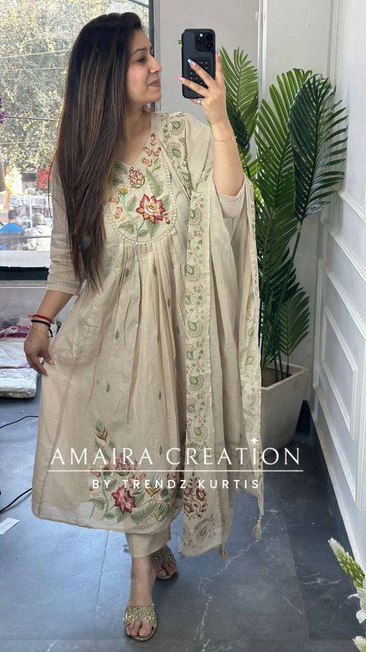 Premium Beige Pure Soft Cotton Anarkali
