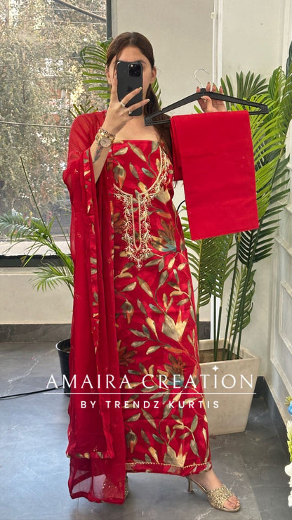 Premium Cotton Cherry Red Colour Floral Print Unstitch Suit With Chiffon Dupatta
