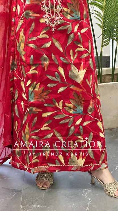 Premium Cotton Cherry Red Colour Floral Print Unstitch Suit With Chiffon Dupatta