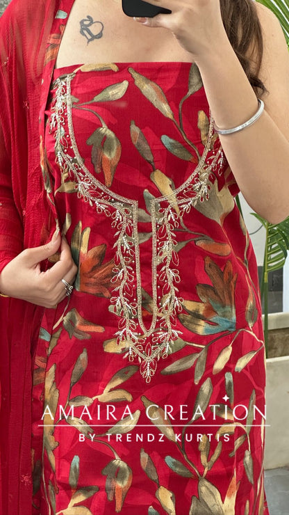 Premium Cotton Cherry Red Colour Floral Print Unstitch Suit With Chiffon Dupatta