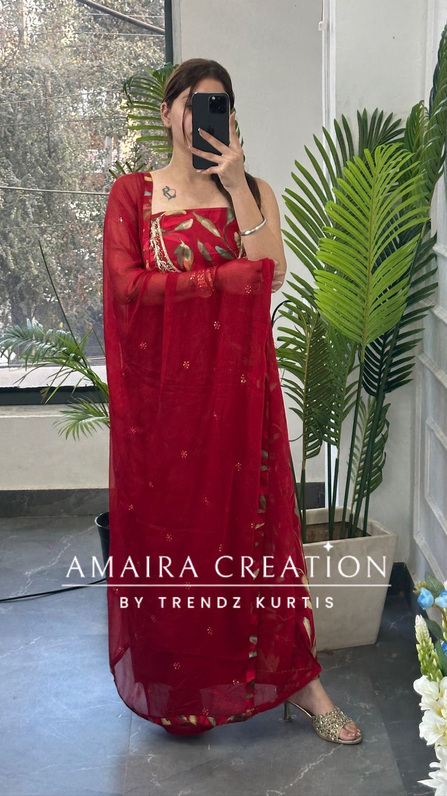 Premium Cotton Cherry Red Colour Floral Print Unstitch Suit With Chiffon Dupatta