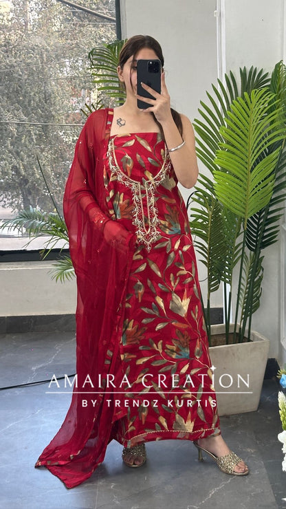 Premium Cotton Cherry Red Colour Floral Print Unstitch Suit With Chiffon Dupatta