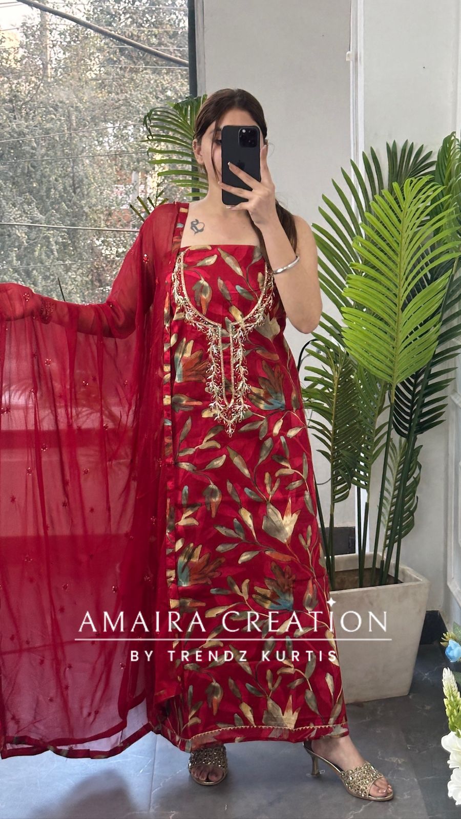 Premium Cotton Cherry Red Colour Floral Print Unstitch Suit With Chiffon Dupatta