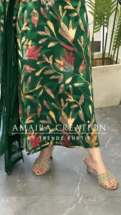 Premium Cotton Dark Green Colour Floral Print Unstitch Suit With Chiffon Dupatta