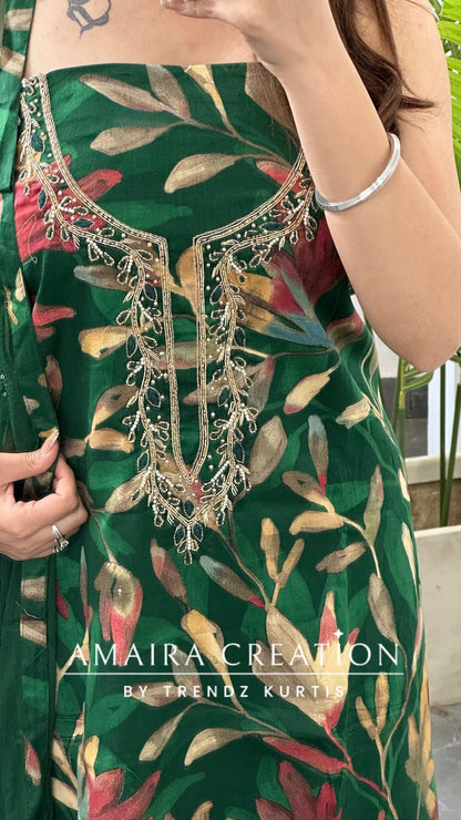 Premium Cotton Dark Green Colour Floral Print Unstitch Suit With Chiffon Dupatta