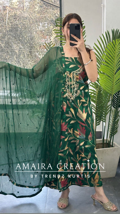 Premium Cotton Dark Green Colour Floral Print Unstitch Suit With Chiffon Dupatta